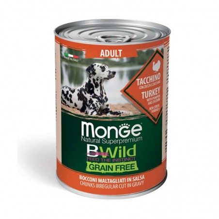 Monge BWild Adult begrūdžiai konservai su kalakutiena, moliūgais ir cukunijomis šunims, 6 x 400 g